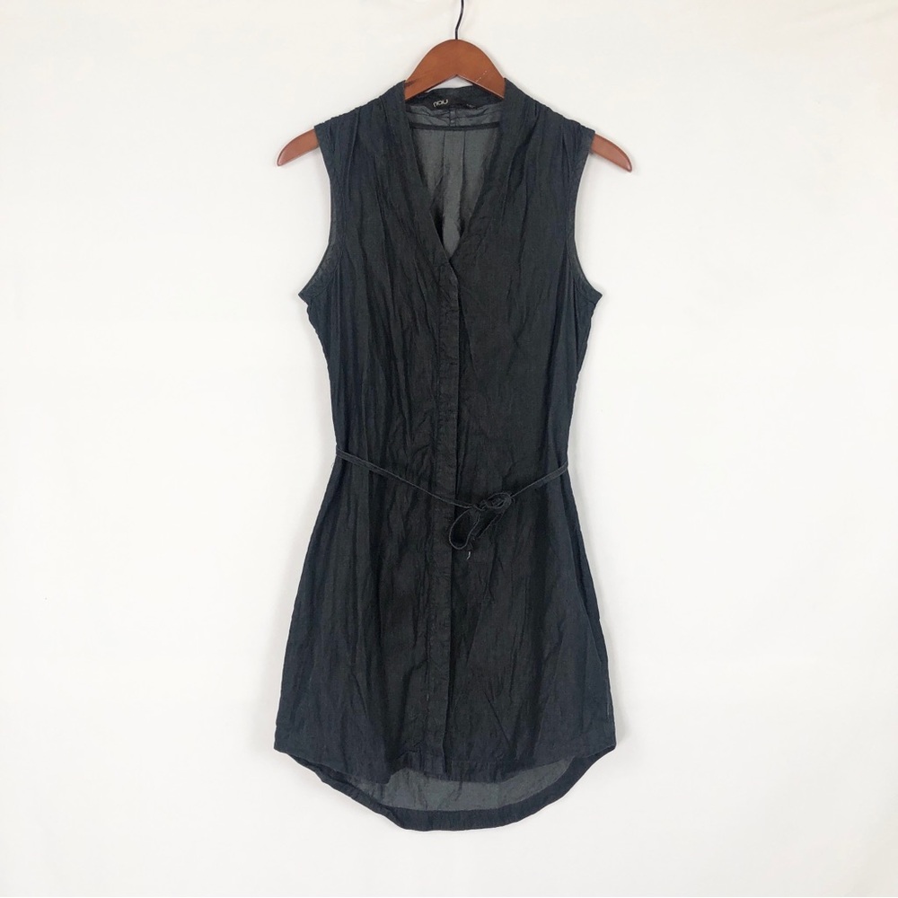 NAU Mini Tie Waist Button Down Dress Sleeveless Gray Size 4‎ Organic Cotton
